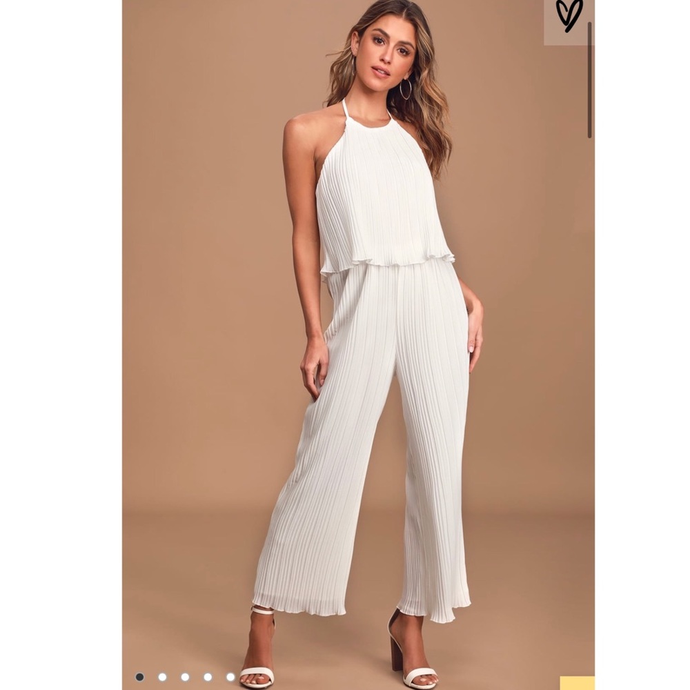 NWT Lulu’s White Pleated Halter Wide-Leg Jumpsuit